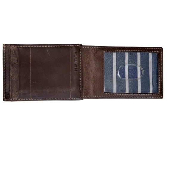 ⭐️HP⭐️ Mens Nautica brown leather magnetic bifold card wallet VGUC - Picture 4 of 6